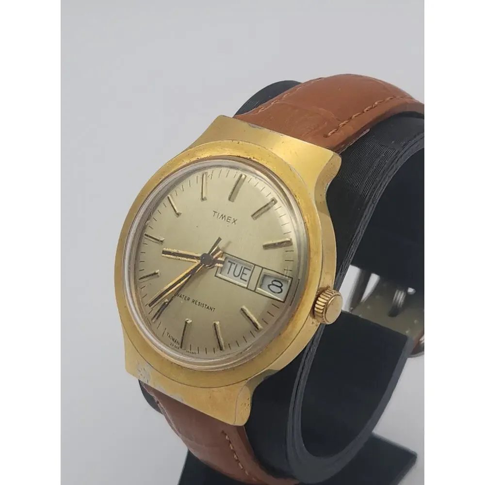 VTG Timex Marlin Watch Men Hand-Wind Mechanical Gold Tone Day Date, New Band